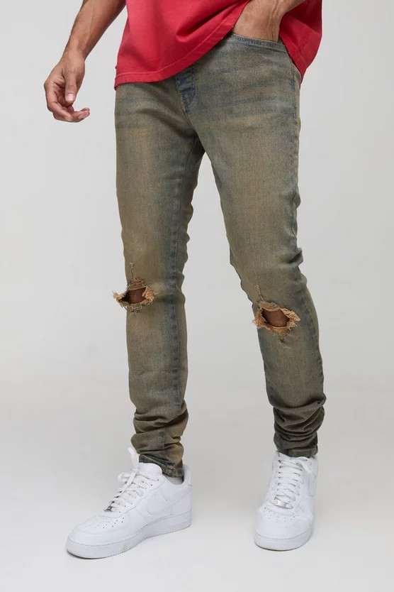 Tinted Rip Knee Stacked Skinny Zip Hem Jeans | boohooMAN (US & Canada)