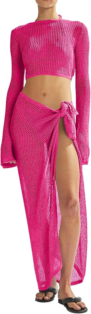 Women's Swimsuits Cover Ups Set for Crochet Bathing Suit Hollow Out 2 Piece Bikini Coverup Beach ... | Amazon (US)