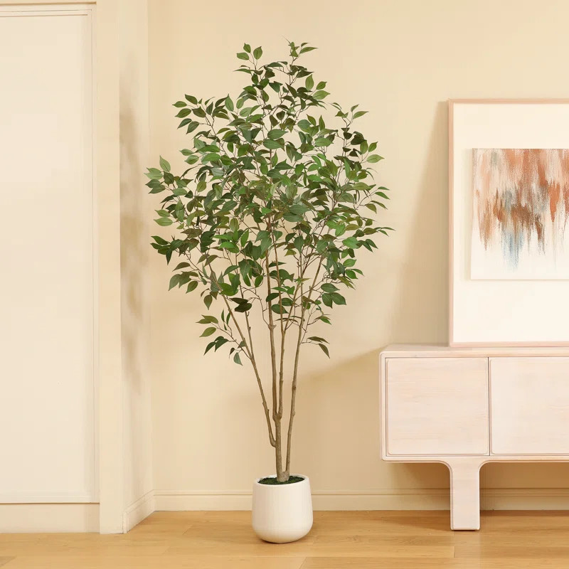 Adcock Faux Ficus Tree with Round White Planter, Pre Potted Faux Greenry Ficus Plant for Home Dec... | Wayfair North America