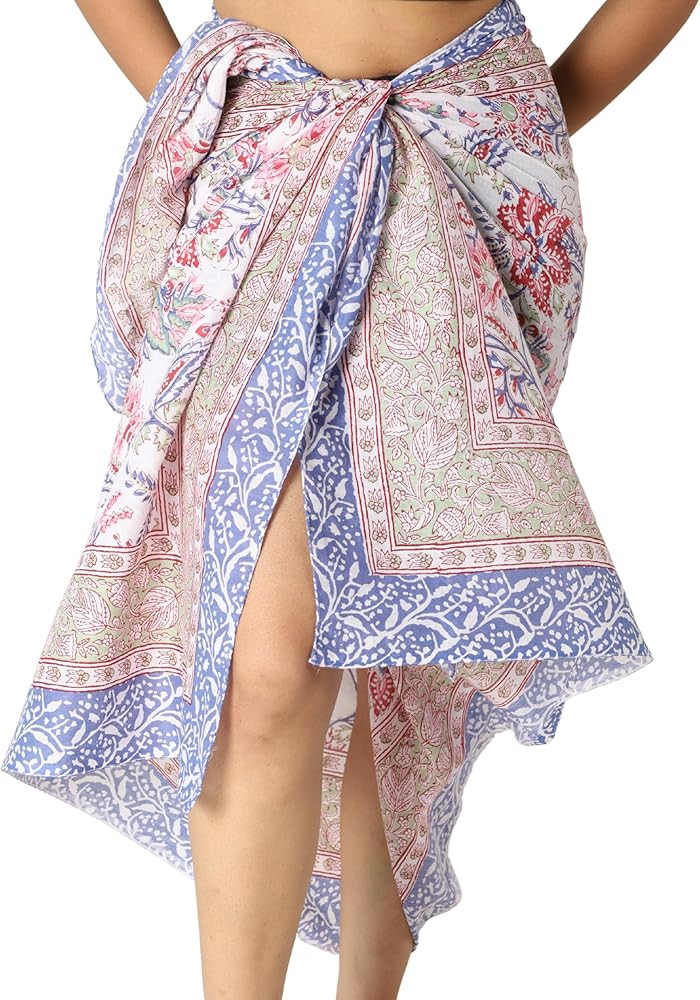 100% Cotton Sarong Coverups for Women Indian Hand Block Print Swimsuit Pareo Wrap Skirt Beach Swi... | Amazon (US)