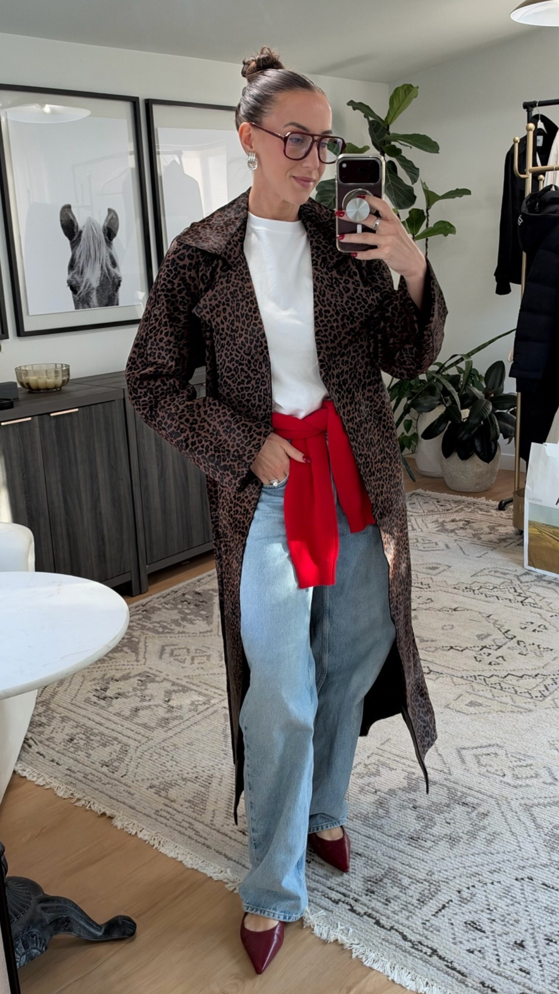 Leopard + red is my new favorite combo 🐆❤️ 

A leopard trench over a white tee and light-wash wide-leg jeans, a red sweater tied at the waist, burgundy pointed flats, and burgundy frames. Bold but easy for everyday. 

Shop the look below!

#LTKstyletip #LTKSeasonal #LTKshoecrush #LTKfindsunder100