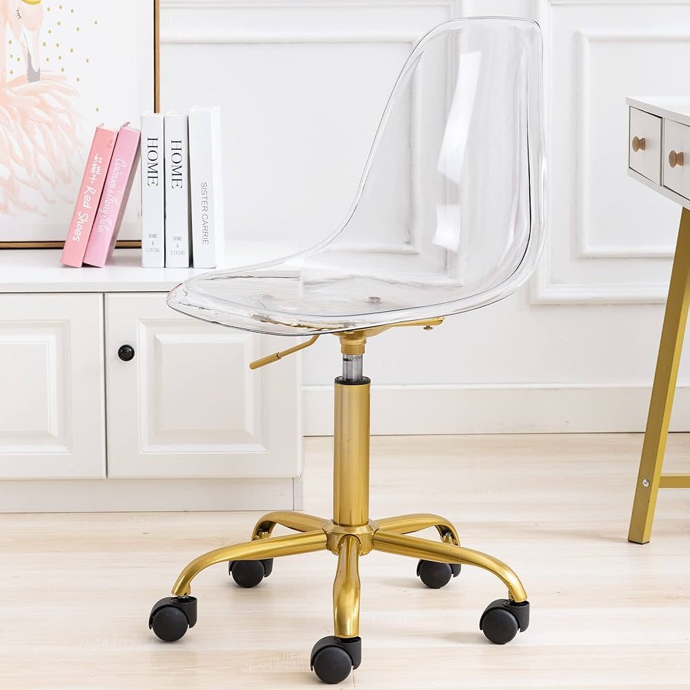 HOMEFUN Clear Rolling Chair, Armless Acrylic Desk Chair with Golden Feet Swivel Molded Plastic Sh... | Amazon (US)