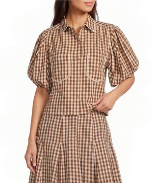 Woven Checker Gingham Print Collared Neck Short Bubble Sleeve Button Front Coordinating Shirt | Dillard's