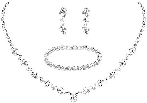 Crystal Wedding Jewelry Set, Silver Necklace Earrings Bracelet Crystal Bridal Wedding Jewelry Set... | Amazon (US)