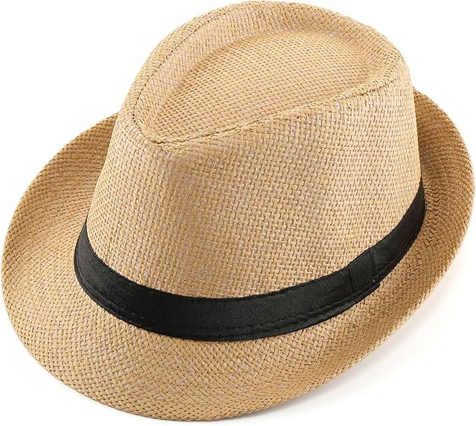 FALETO Unisex Summer Panama Straw Fedora Hat Short Brim Beach Sun Cap Classic | Amazon (US)