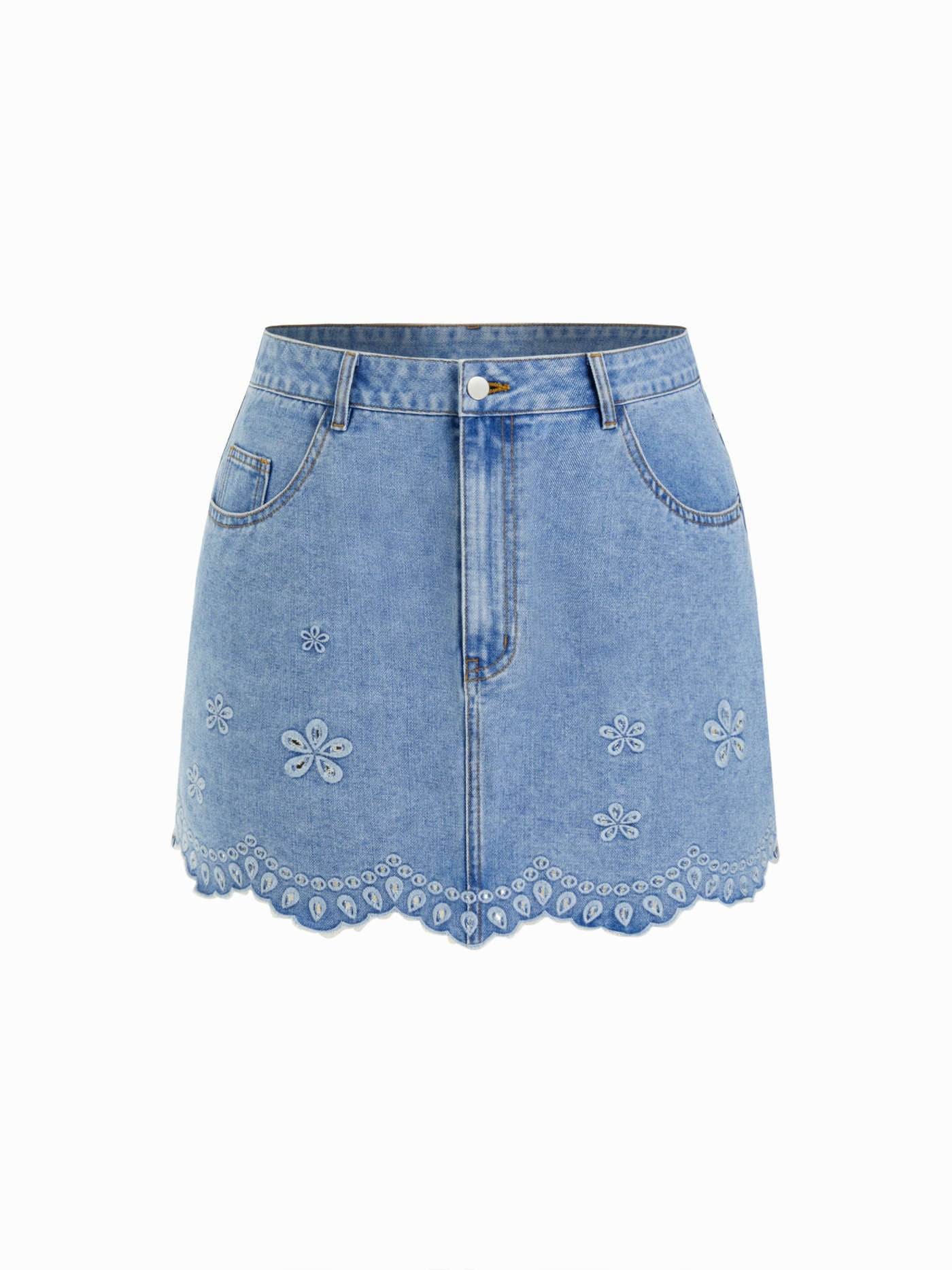 Denim Low Rise Floral Embroidery Raw Hem Mini Skirt Curve & Plus | Cider
