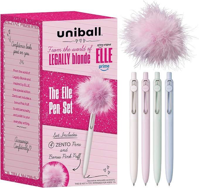 uniball™ The Elle Pen Set, Zento Gel Pens, Black Ink, 4 Count | Pink Puff included, 0.7mm Mediu... | Amazon (US)