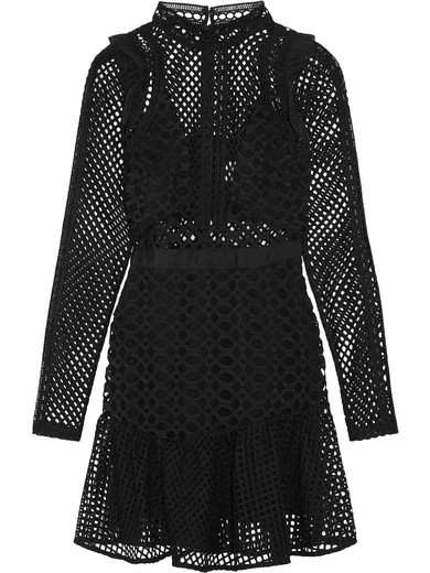 Self-Portrait - Ruffled Organza-trimmed Guipure Lace Mini Dress - Black | NET-A-PORTER (US)