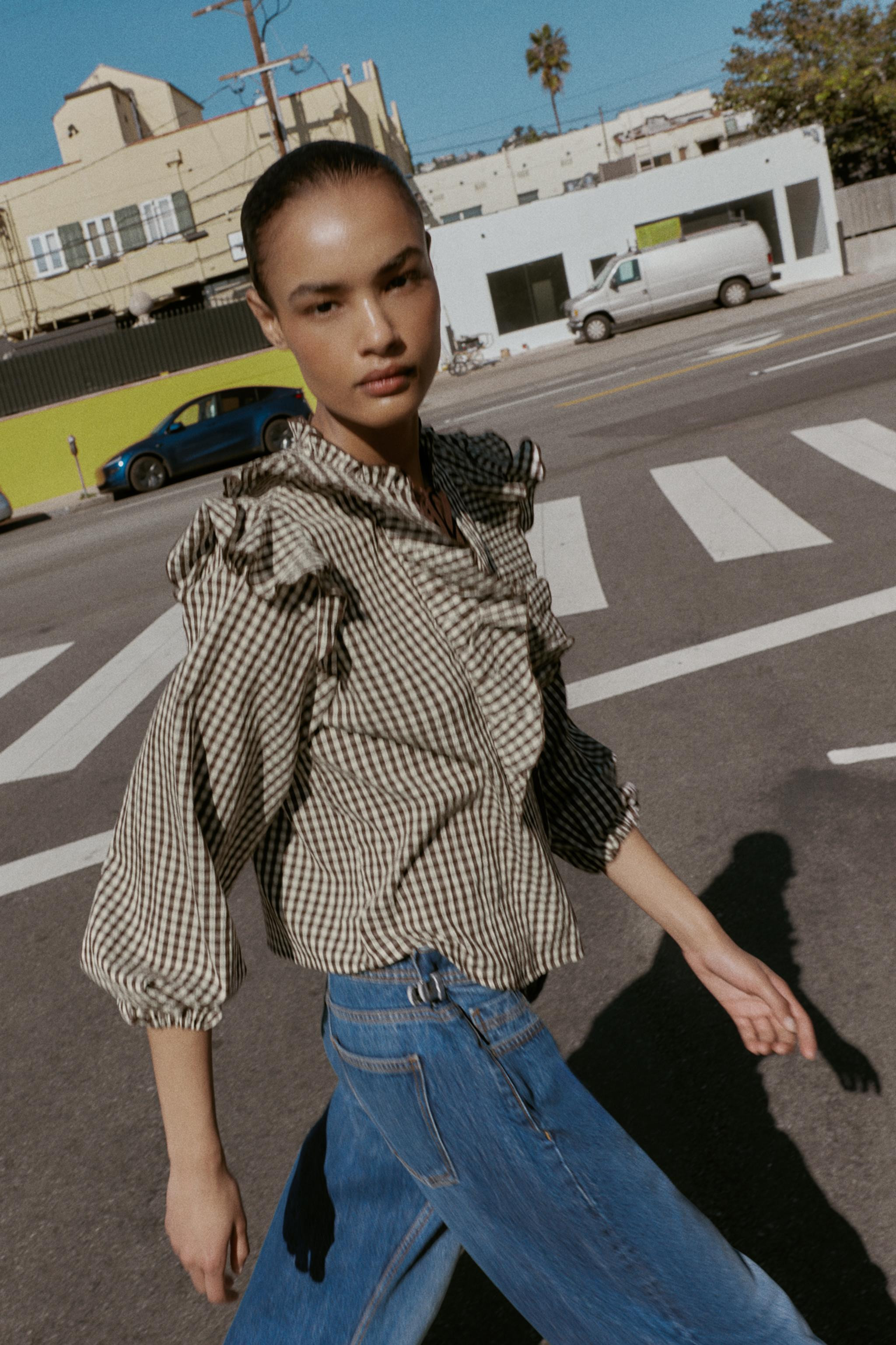 GINGHAM RUFFLE BLOUSE | Zara US