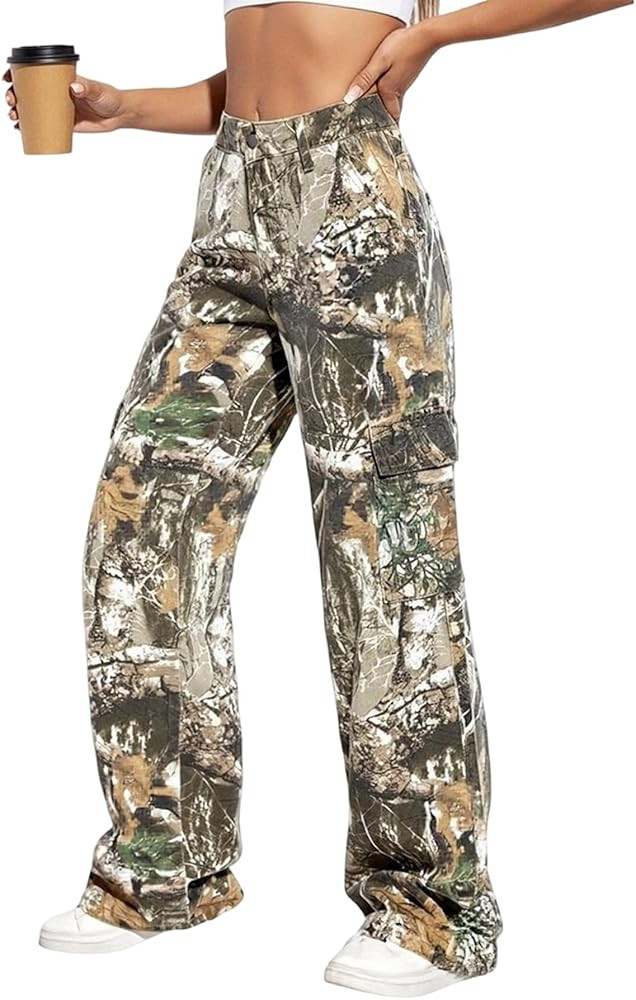 Voghtic Womens High Waisted Straight Leg Casual Y2K Camoflage Cargo Wide Leg Sweatpant Jeans Trou... | Amazon (US)