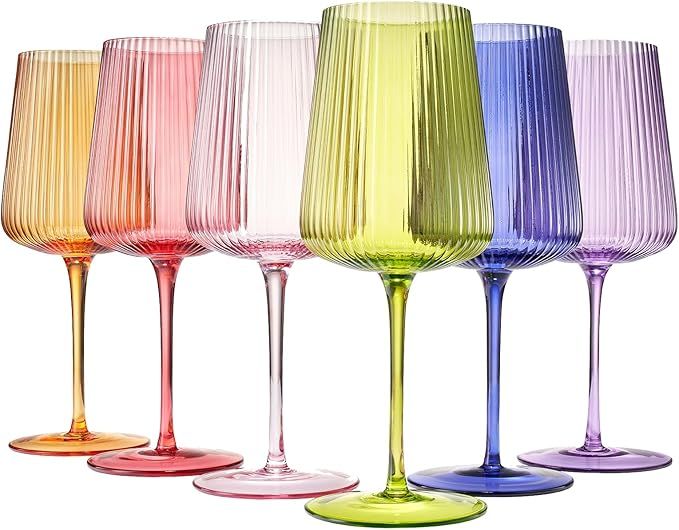 Ribbed Bright Colored Wine Glass Set of 6, Gift For Hosting, Her, Wife, Mom Friend - Large 19 oz ... | Amazon (US)