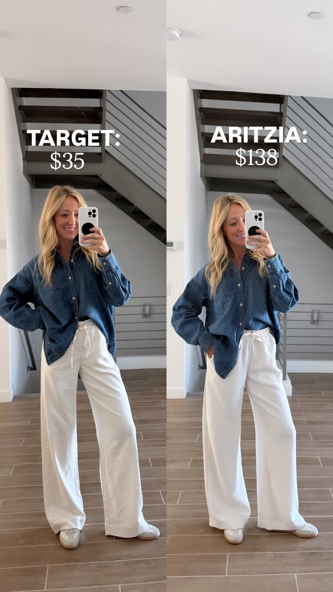 I’m wearing XS long in the target pants and same in the Aritzia pants! They both run tts, I’m 5’6” for reference!!! 