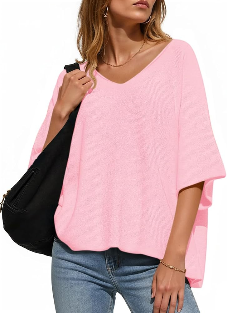 Saodimallsu Womens Short Sleeve Sweater Summer Oversized V Neck Knitted Pullover Trendy Casual To... | Amazon (US)