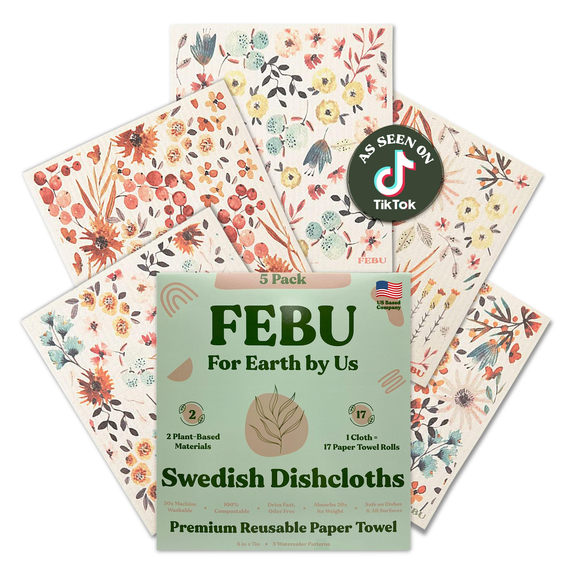 FEBU Swedish Dishcloths for Kitchen | 5 Pack Watercolor Reusable Paper Towels Washable | Swedish ... | Amazon (US)