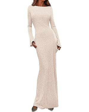 PRETTYGARDEN Women's Fall Fashion 2026 Long Sleeve Maxi Dress Ribbed Knit Boat Neck Bodycon Casua... | Amazon (US)