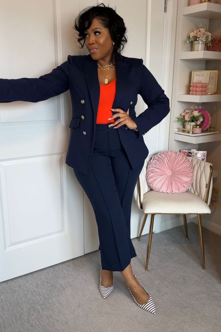 Spring Work Outfit Inspo.
Wearing this two piece set from Macy’s on 34th collection. Blazer runs oversized wearing medium 38DD. Pants have some stretch but run a tad small. Im a 14-16 wearing a 16. Bodysuit in a medium and shoes run true to size. 

#LTKSpringSale #LTKworkwear #LTKstyletip