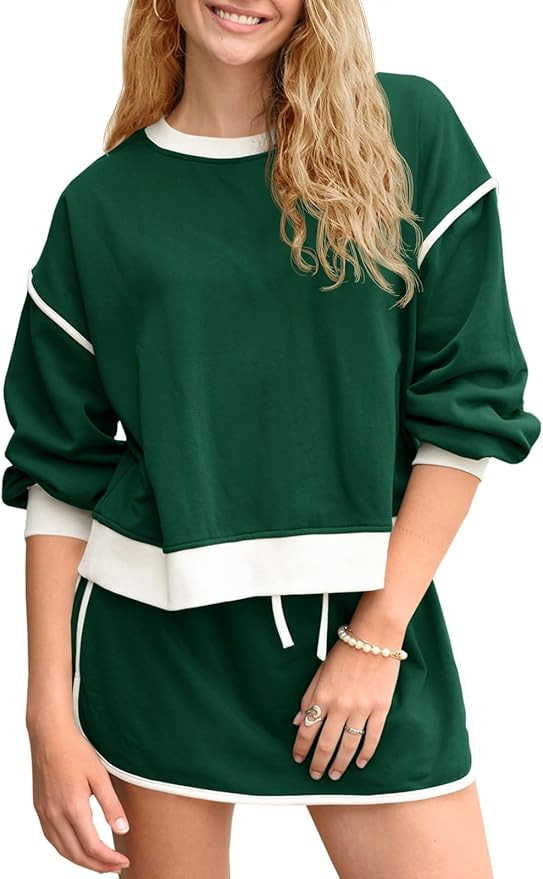 Fisoew Womens Sweatsuits 2 Piece Set Crewneck Sweatshirts High Waisted Skort Skirts Tennis Runnin... | Amazon (US)