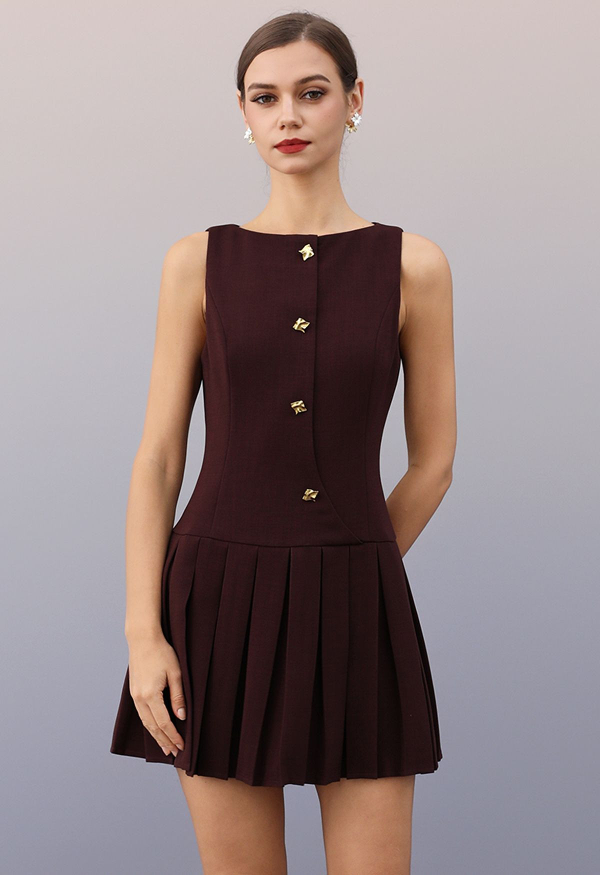 Boat Neck Pleated Button Decor Sleeveless Mini Dress in Plum | Chicwish
