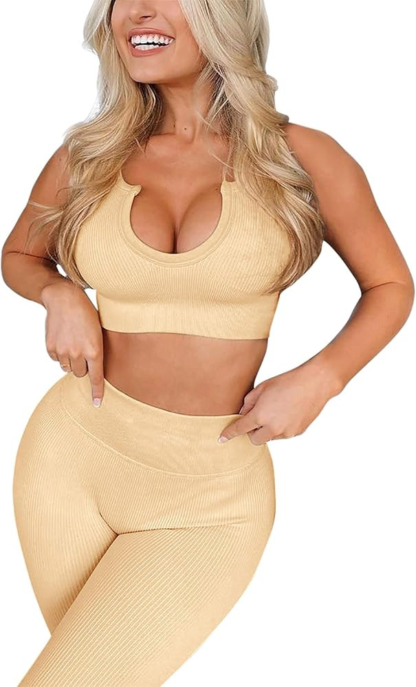Gumila Womens Workout Set 2 Pieces Outfit Ribbed Yoga Leggings Bodycon Shorts with Sports Paded C... | Amazon (US)