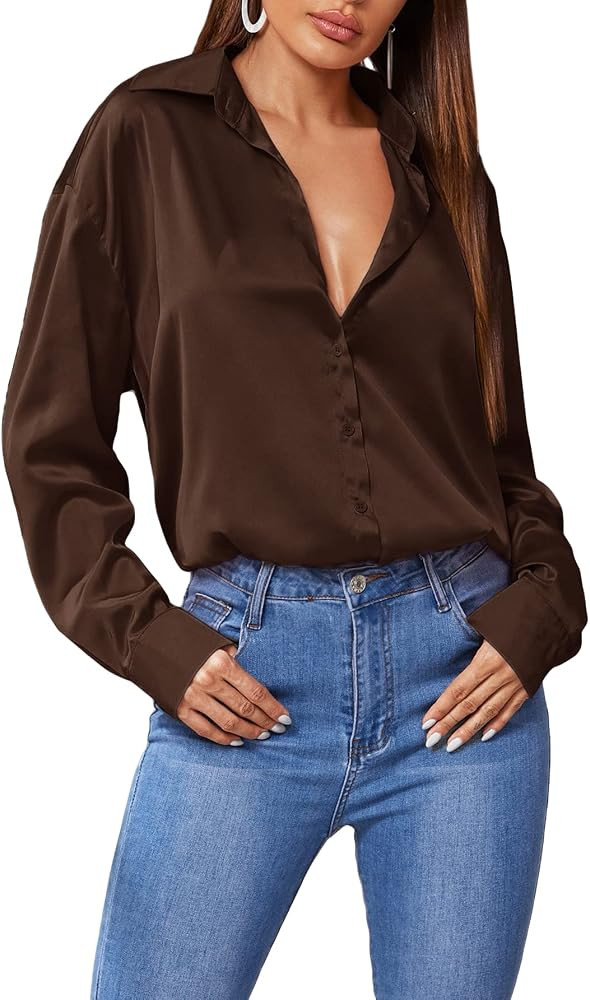 SOLY HUX Women's Satin Silk Long Sleeve Button Down Shirt Office Work Blouse Top | Amazon (US)