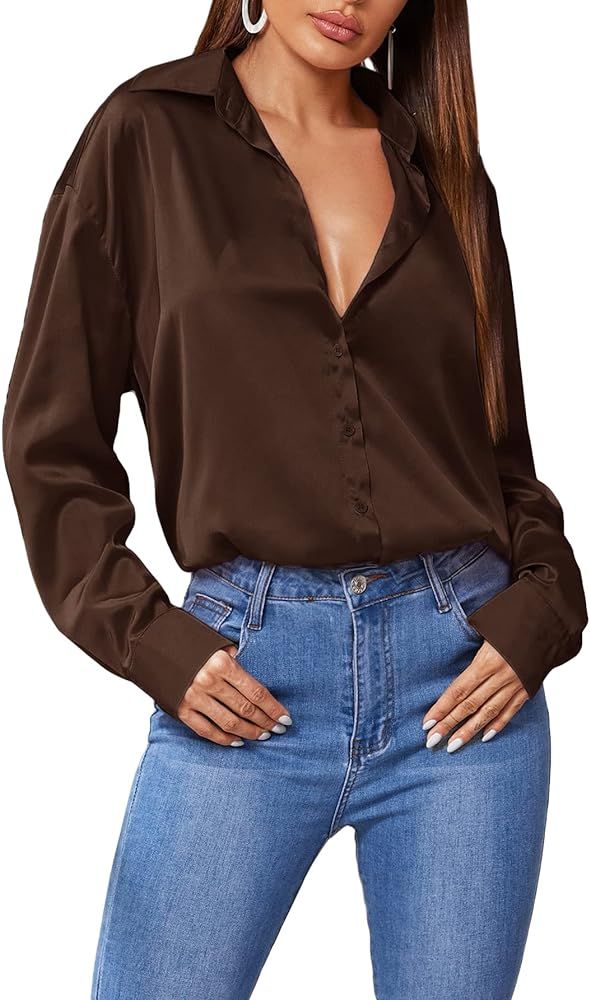 SOLY HUX Women's Satin Silk Long Sleeve Button Down Shirt Office Work Blouse Top | Amazon (US)