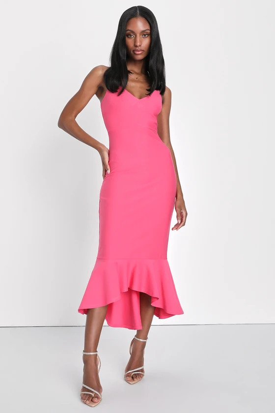 Stun Like Me Hot Pink Bodycon Trumpet Hem Midi Dress | Lulus (US)