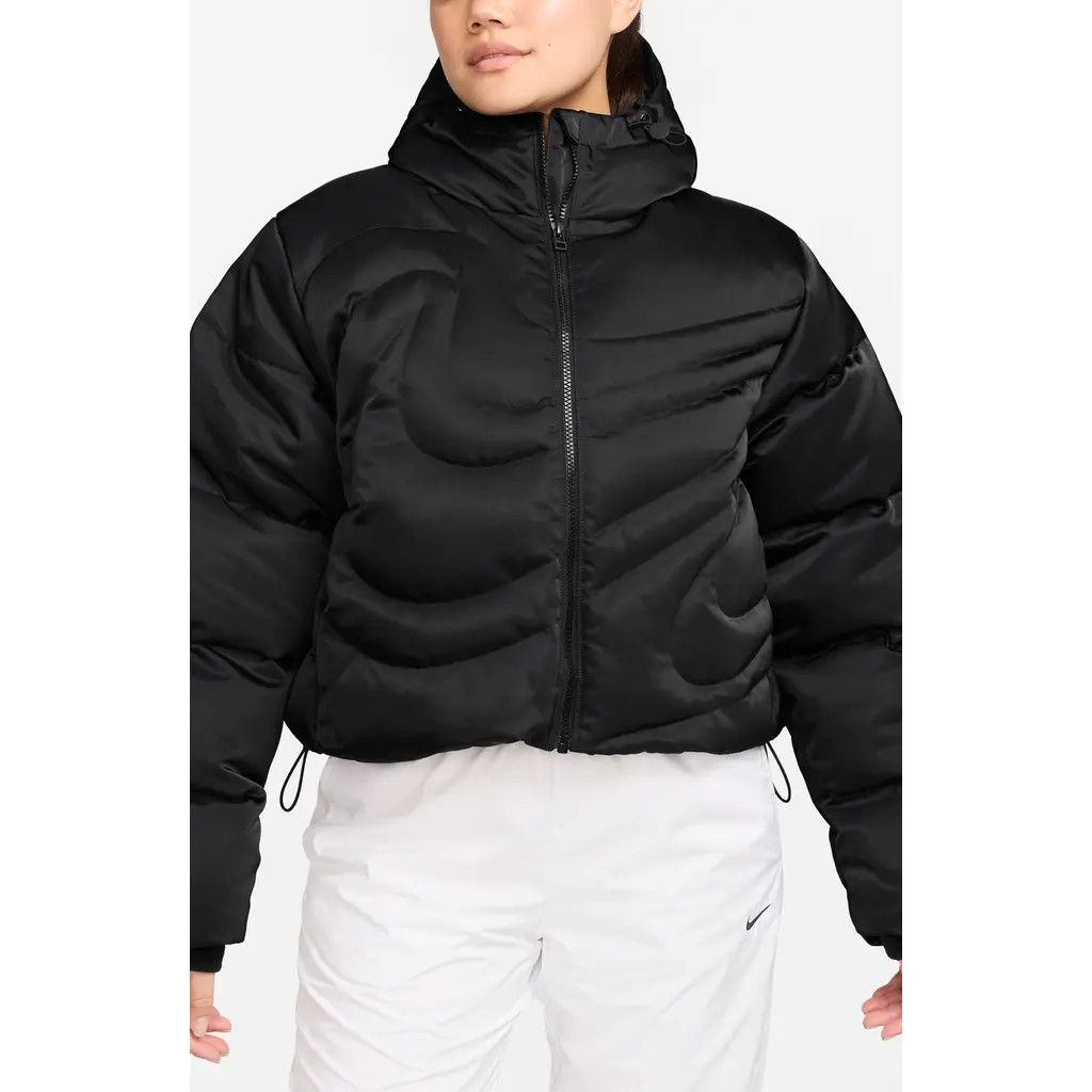 Nike Swoosh Series Water Resistant Therma-Fit Oversize Down Puffer Jacket in Black/Black at Nordstrom, Size Large | Nordstrom
