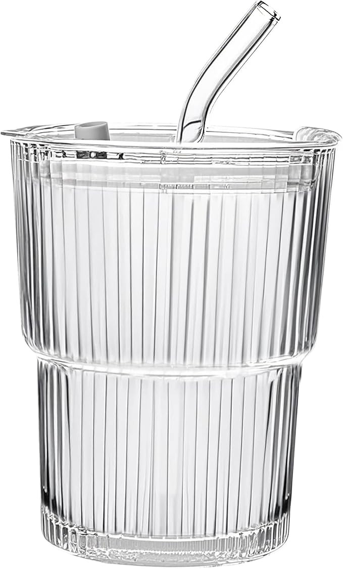 13oz/400ML Glass Tumbler with Straw and Lid Ribbed Vertical Ice Coffee Cups Sealed Carry on for C... | Amazon (US)