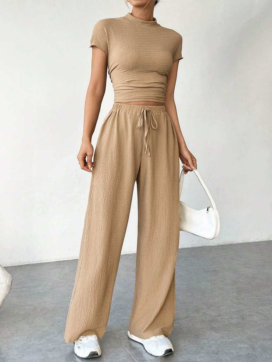 SHEIN EZwear Women'S Short Sleeve Stand Collar T-Shirt And Pants Outfits | SHEIN