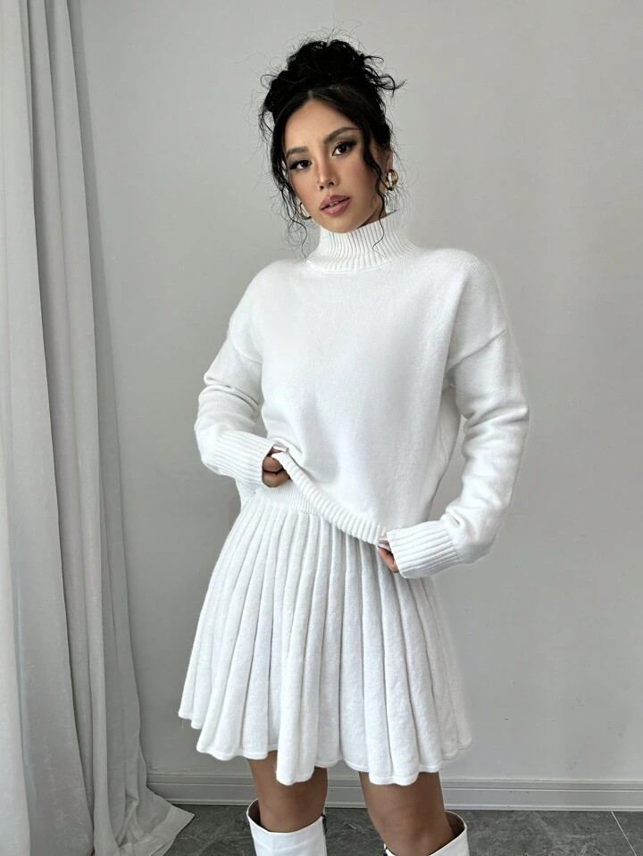 SHEIN X Angie Costa Chiquease 2pcs Women Casual Basic Solid Color High Neck Drop Shoulder Sweater & Knee Length Skirt Set, Autumn/Winter | SHEIN