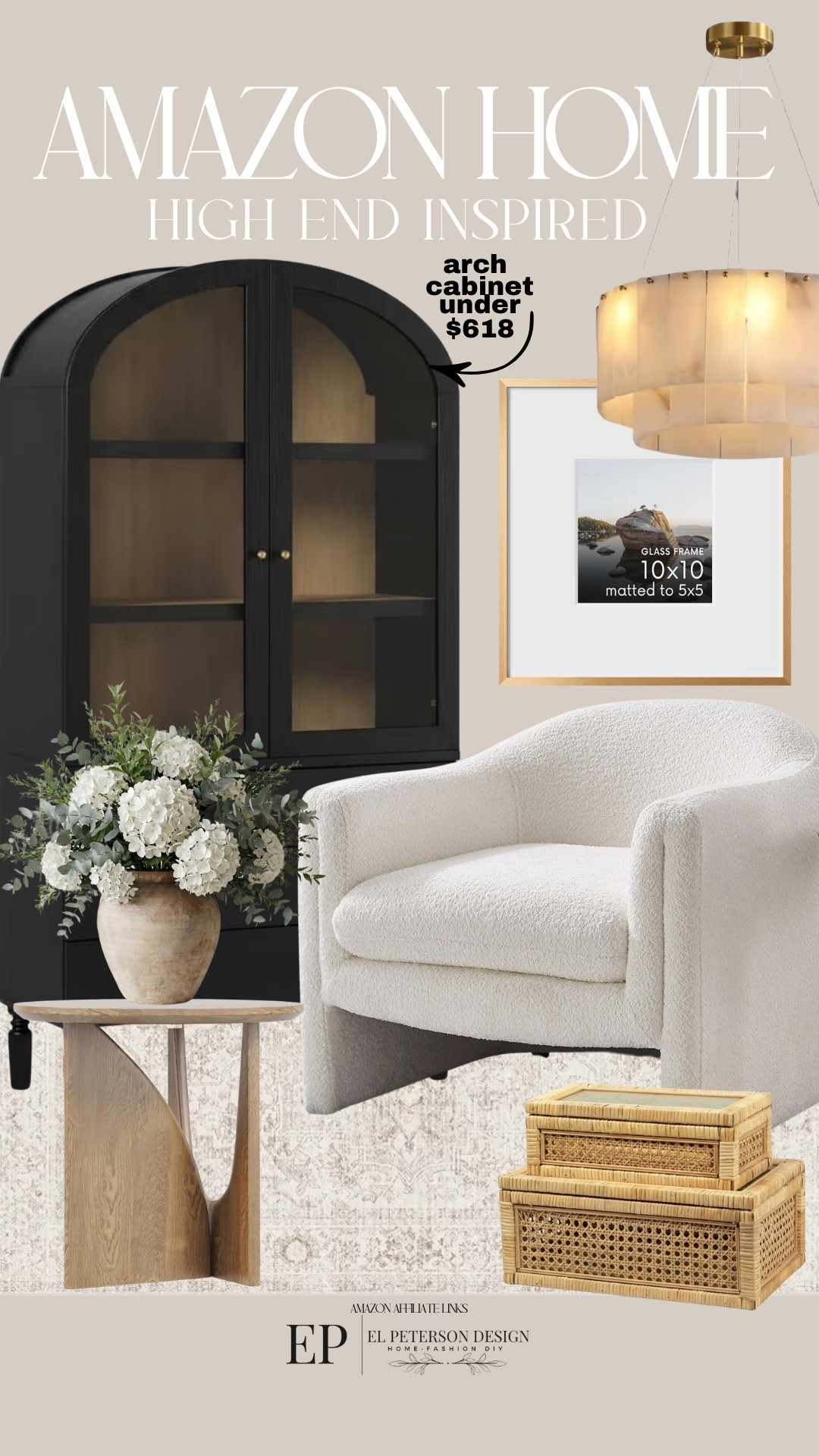 Amazon Home 
Accent chairs
End table
Arch cabinet
Stems
Rug
Picture frame
Decorative boxes
Pendant light 

#LTKHome