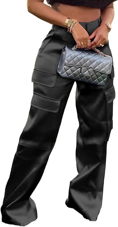 Baczoe Satin Cargo Pants for Women High Waisted Wide Leg Silky Dressy Club Outfits with Pockets C... | Amazon (US)