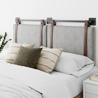 Nathan James Harlow 62 in. Queen Wall Mount Gray Upholstered Headboard Adjustable Brown Straps and B | The Home Depot