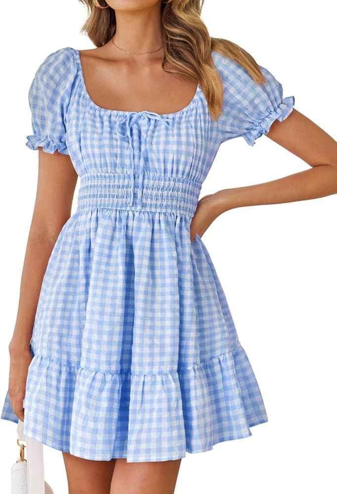 ZESICA Women's 2025 Summer Puff Short Sleeve Plaid Mini Dress Boho Square Neck Ruffle A Line Swin... | Amazon (US)