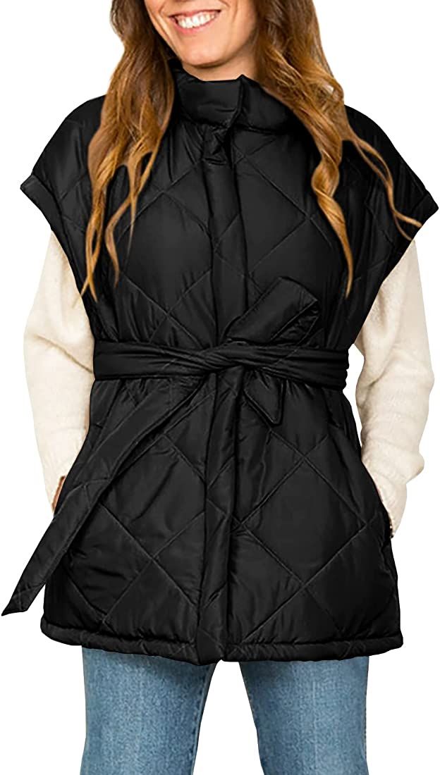 Jeanewpole1 Women's Padded Puffy Vest Stand Collar Sleeveless Zip Gilet with Belt | Amazon (US)