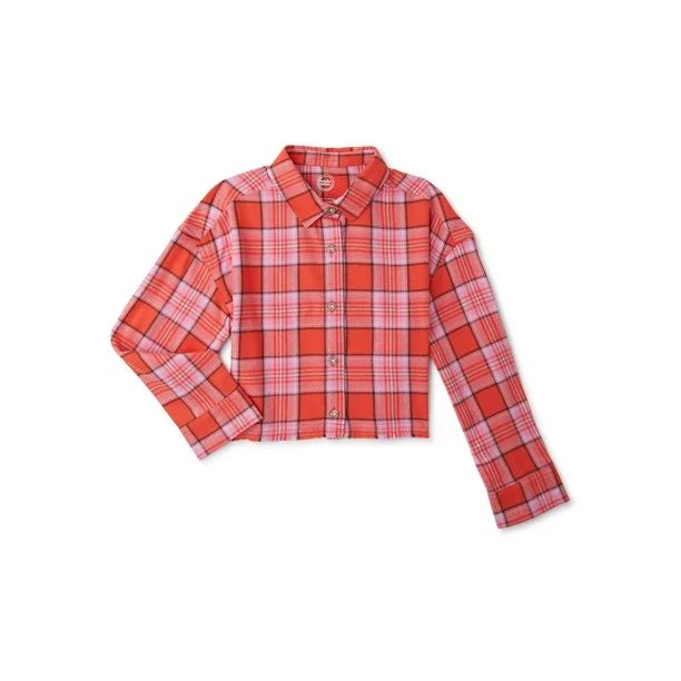 Wonder Nation Girls Long Sleeve Cropped Flannel Shirt, Sizes 4-18 & Plus - Walmart.com | Walmart (US)