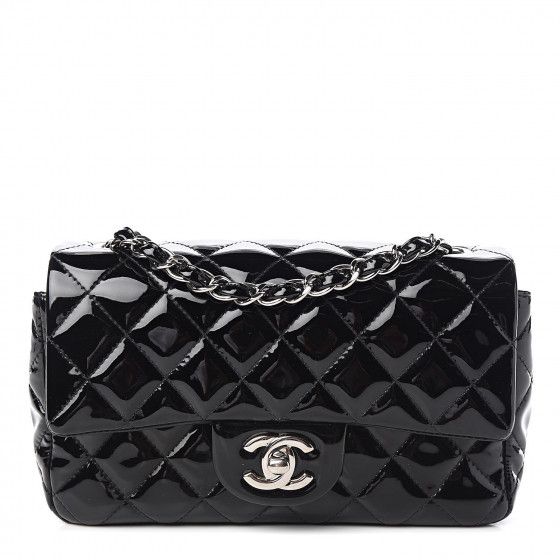 CHANEL Patent Calfskin Quilted Mini Rectangular Flap Black | Fashionphile