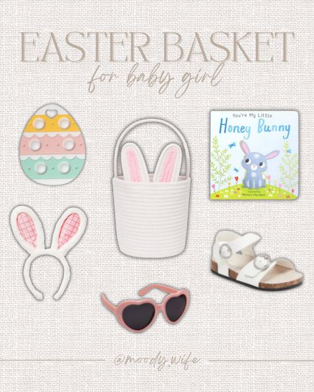 Easter Basket for baby girl 🐇 Egg silicone teether, white bunny ears headband, bunny ears easter basket in white and pink, heart shaped pink sunglasses, easter book and white old navy sandals! #amazonbaby #target #walmartfinds #carters #easterbasketfinds 

#LTKbaby #LTKSpringSale #LTKkids