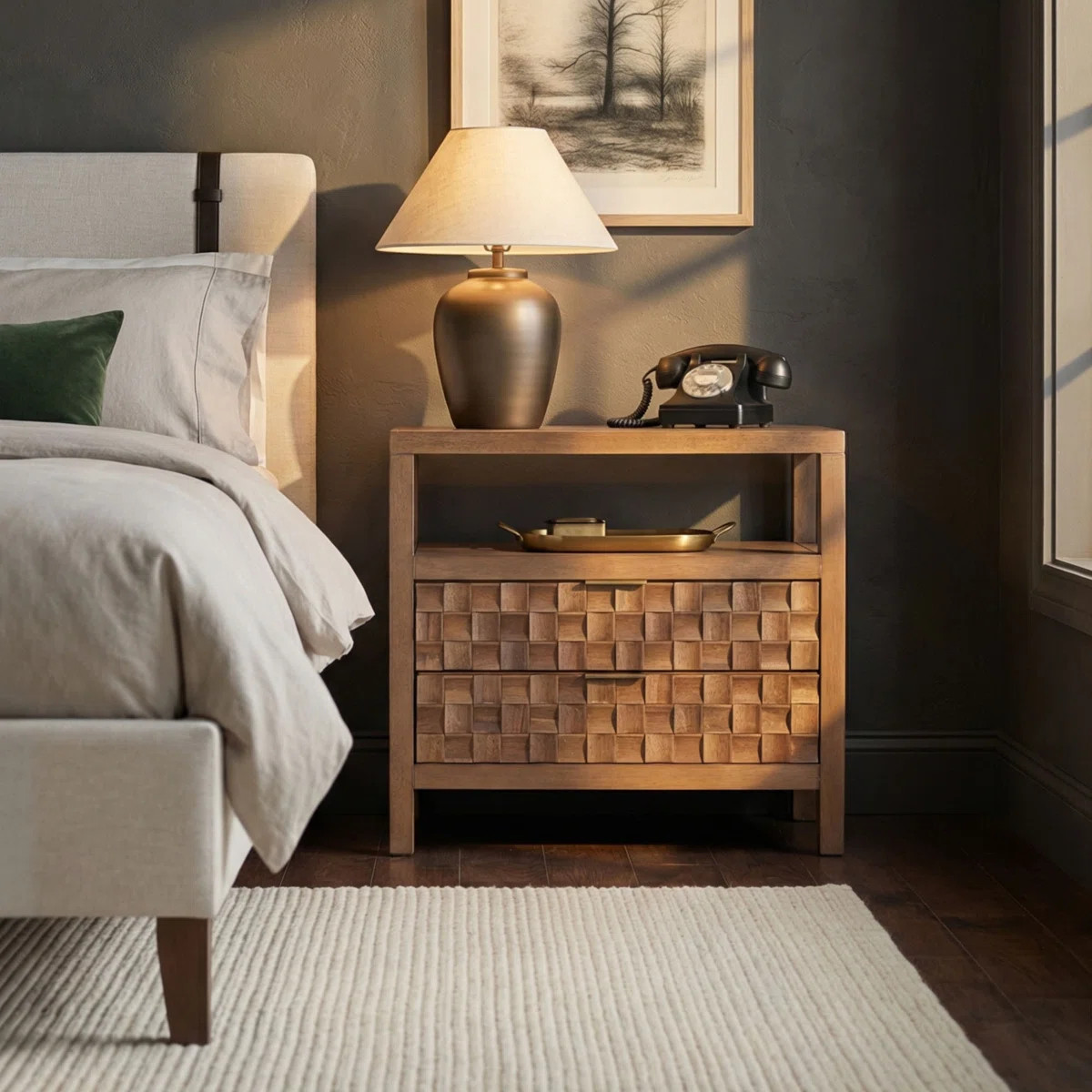 Chester 2 Drawer Nightstand 28" W With Shelf And Mosaic Doors, Medium Brown | Wayfair North America