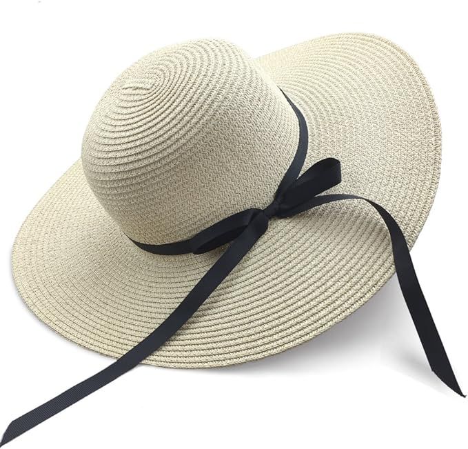 Sun Hats for Women Large Wide Brim Bowknot Straw Beach Hat UPF UV Floppy Foldable Packable Cap (B... | Amazon (US)
