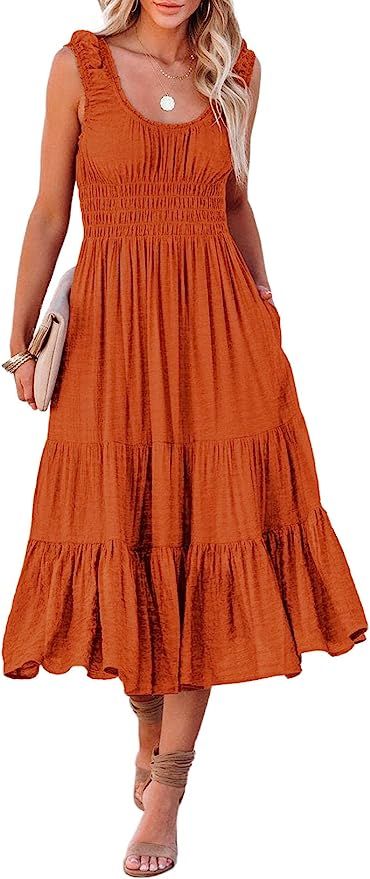AlvaQ Women Summer Sleeveless Smocked Midi Dress High Waist Casual Tiered A Line Sundress with Po... | Amazon (US)