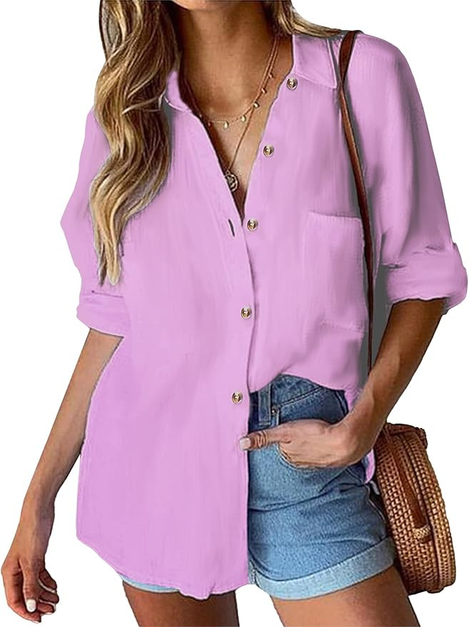 Hotouch Womens Cotton Button Down Shirt Casual Long Sleeve Loose Fit Collared Linen Work Blouse T... | Amazon (US)