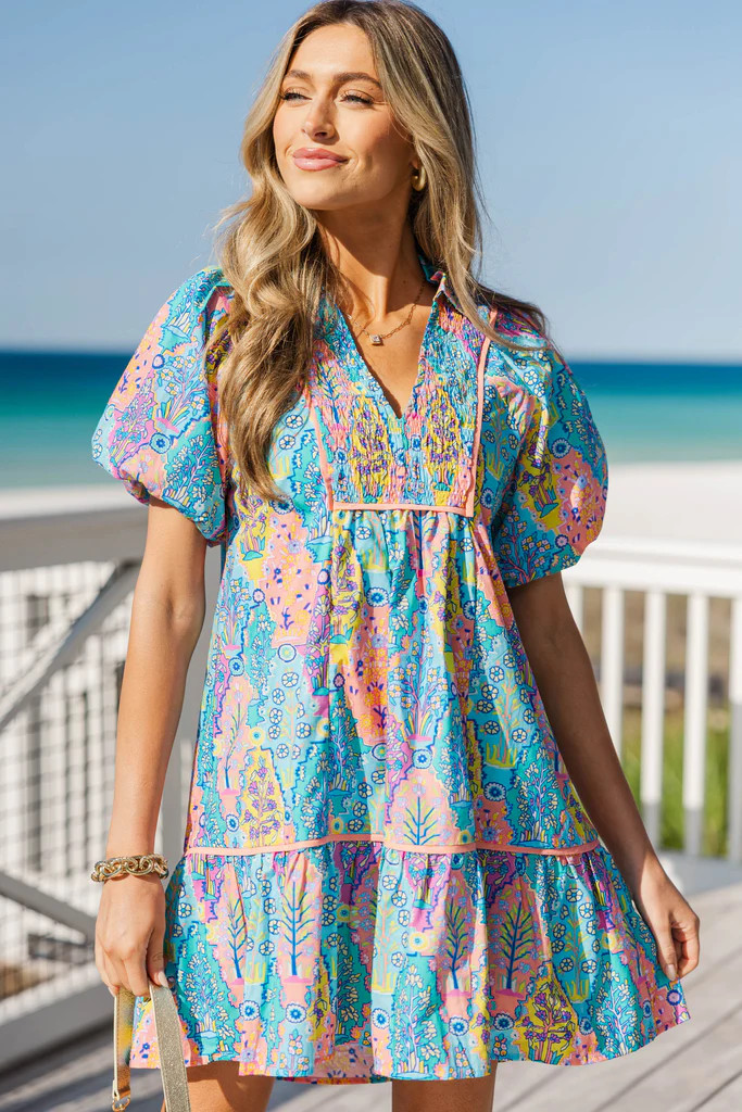 As It Should Be Blue Mixed Print Dress | The Mint Julep Boutique