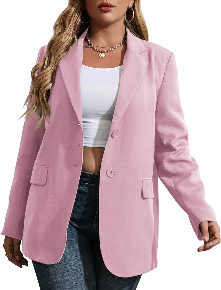 Womens Plus Size Casual Blazer Jackets Long Sleeve Open Front Buttons Work Office Lapel Blazers w... | Amazon (US)