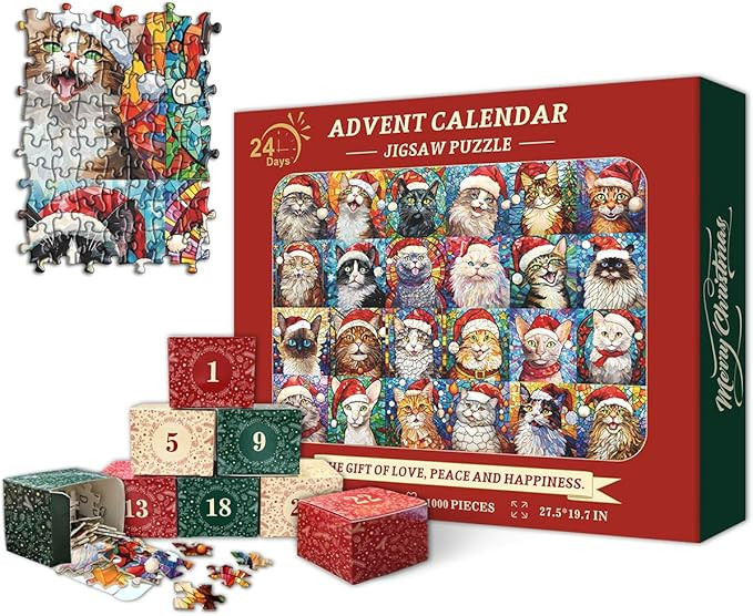 PICKFORU Christmas Advent Calendar 2024 Puzzles for Adults 1000 Pieces, Cat Mosaic Stained Glass ... | Amazon (US)
