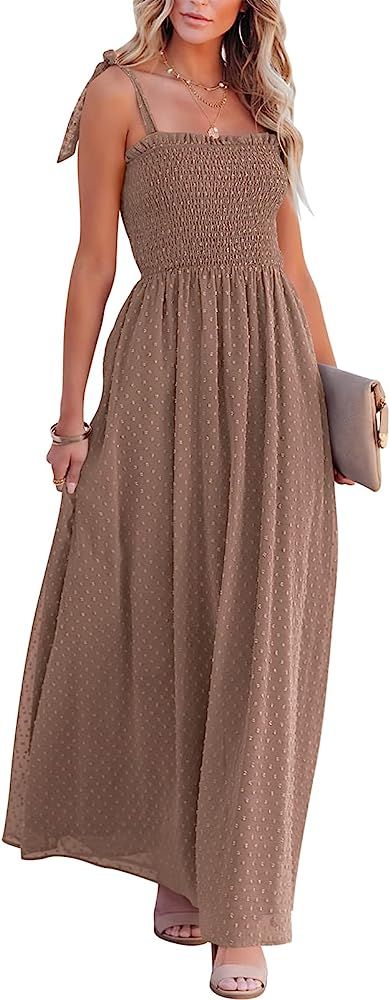 Caracilia Women's Summer Smocked Tie Strap Square Neck Swiss Dot Split Flowy Maxi Dress C52A1-she... | Amazon (US)