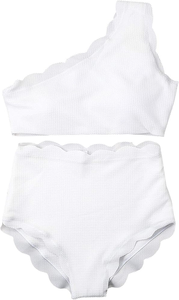 NMQLX Women's Swimsuit High Waisted Scalloped Edge Ruffling Bikini Set One Shoulder Padded Swimwe... | Amazon (US)