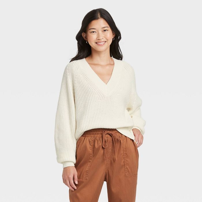 Women&#39;s V-Neck Pullover Sweater - A New Day&#8482; Cream M | Target