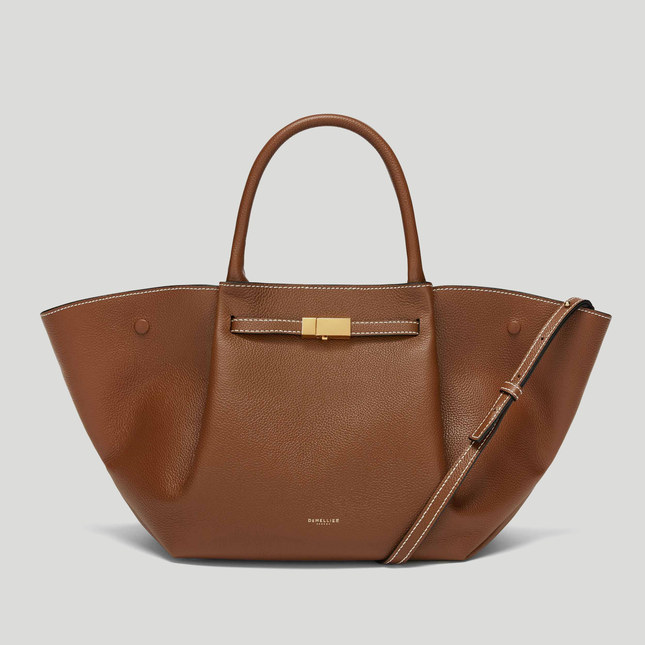 DeMellier The Midi New York in Tan Small Grain Ecru Stitching Leather Shoulder bag | DeMellier