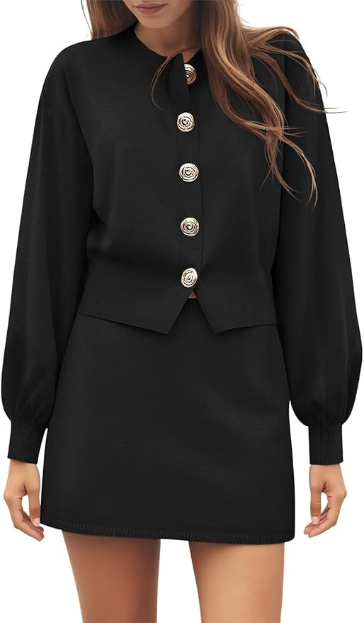 Tankaneo Womens Skirt 2 Piece Sweater Set Crewneck Button Up Cardigan Mini Skirt Trendy Casual Lo... | Amazon (US)